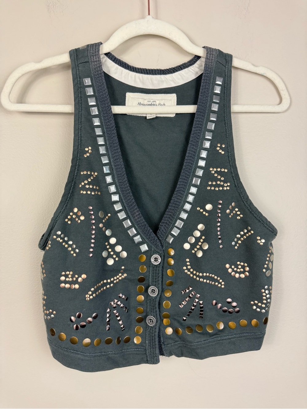 Abercrombie & Fitch Y2K Vest Womens Large Stud Embossed Gray Silver Hippie Metal - Picture 8 of 8